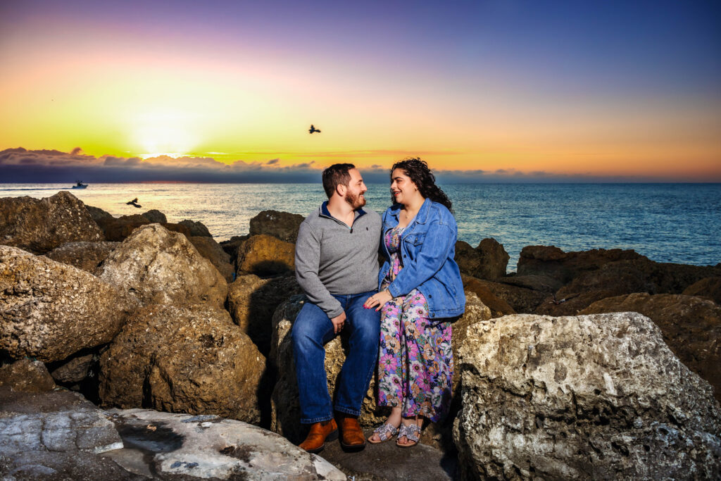 Romantic engagement photos at Boca Raton South Inlet Park beach.